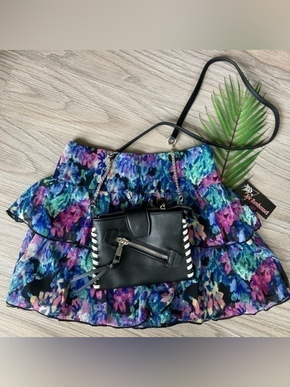 🌸 BCBGeneration Floral Mini Skirt in Blue Purple Green with Black Crossbody Bag